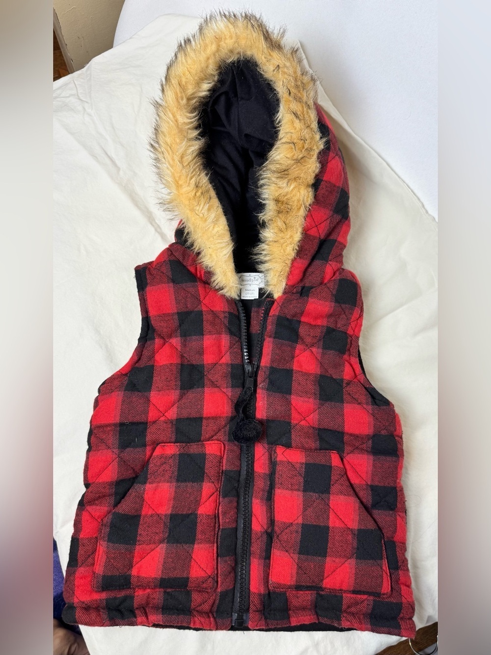 Toddler’s Red & Black Plaid Hooded Puffer Vest with Faux Fur Trim